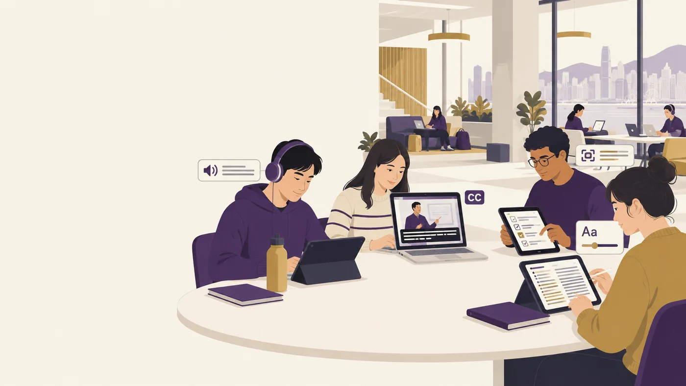 University students use text-to-speech, captions, task planning and accessible notes in a shared learning space.